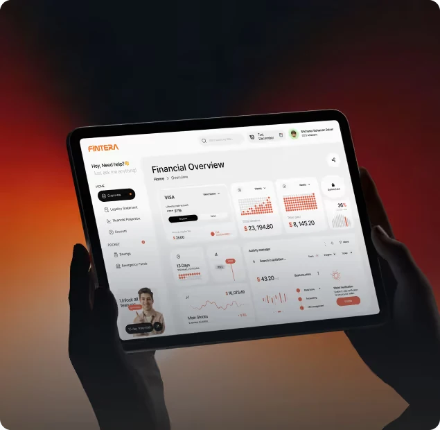 Hands holding a tablet displaying a financial overview dashboard with charts, account details, and transaction summaries from Fintera.