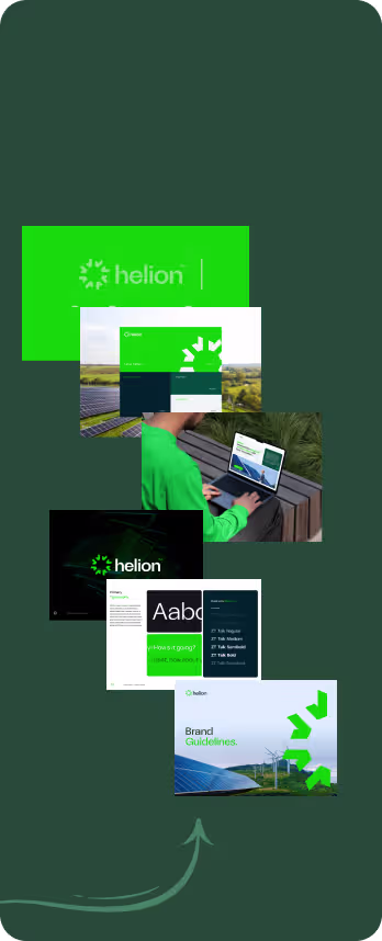 Collage of Helion brand visuals including logo, digital interface, person with laptop, and brand guidelines.