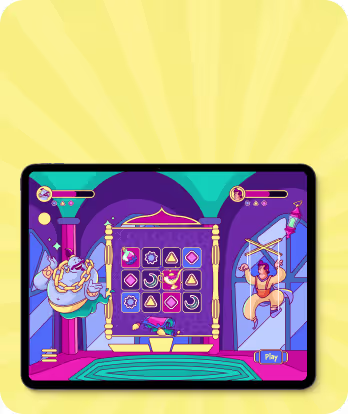 Tablet screen showing a colorful puzzle game with two cartoon characters and geometric shapes grid.