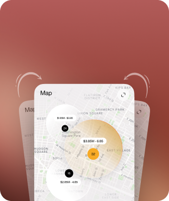 Interactive map showing property prices with a highlighted circular heat map and data points.
