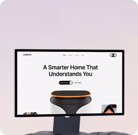 Computer monitor displaying a webpage with the headline ’A Smarter Home That Understands You’ and a smart home device image.