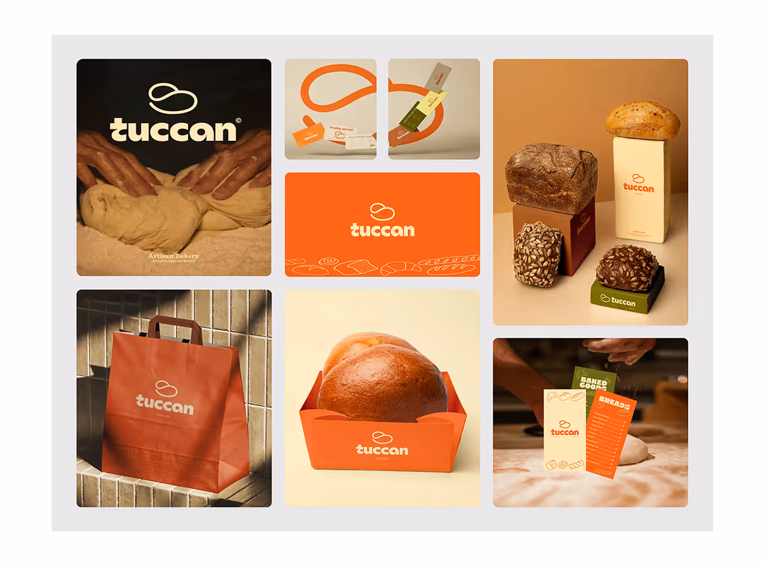 Brand identity collage across packaging, print and signage
