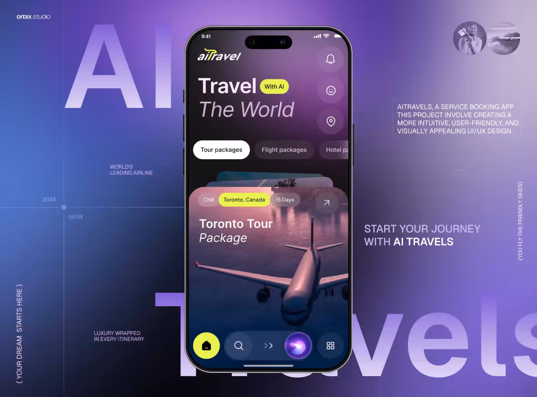 Smartphone showing an AI travel app with a tour package and booking options