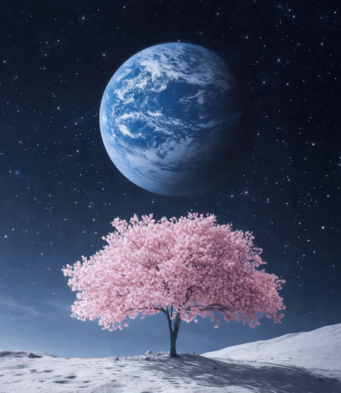 A pink cherry blossom tree standing on a barren, moon-like surface with a large blue Earth and starry sky in the background.