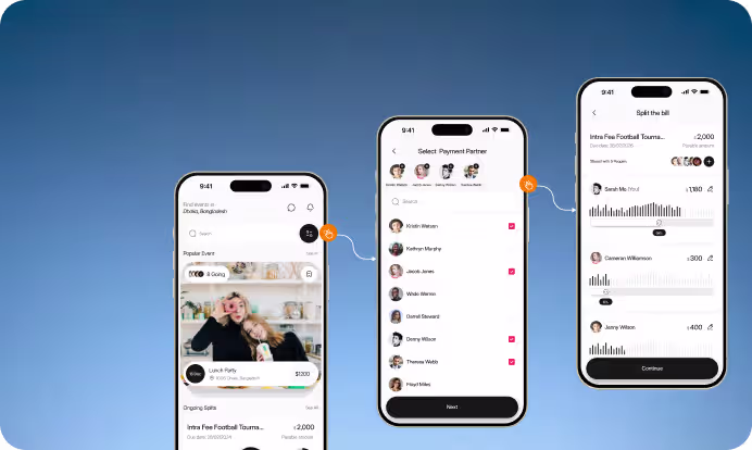 Three smartphones displaying an app for event payments, partner selection, and bill splitting on a blue background.