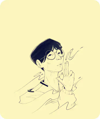 Line art of a person with glasses holding fingers like a gun against a pale yellow background.